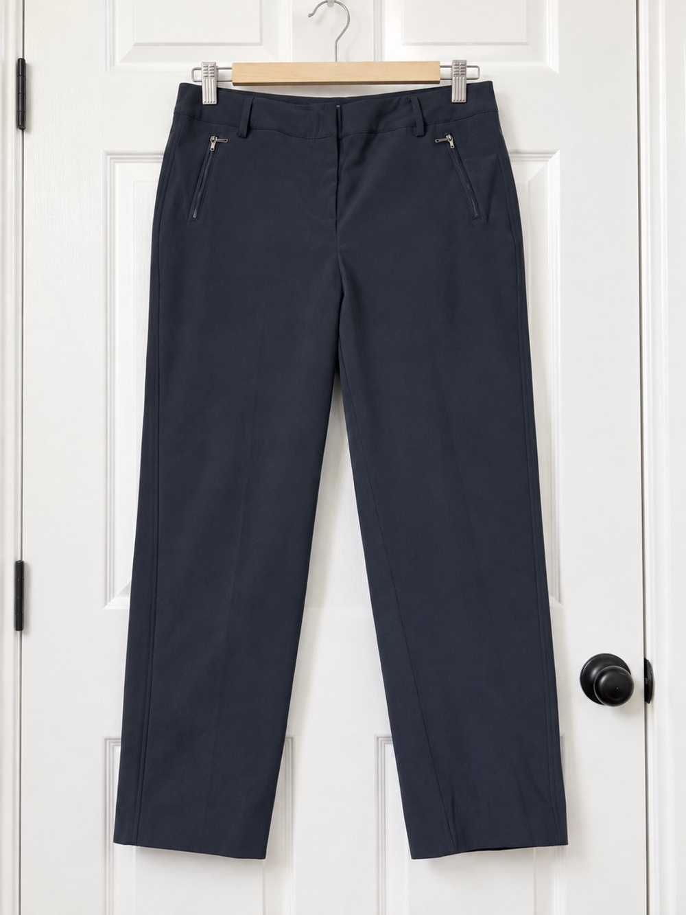 Adrienne Vittadini Sz 12 Navy Dress Pants Stretch Straight Leg Gold Zip Pockets